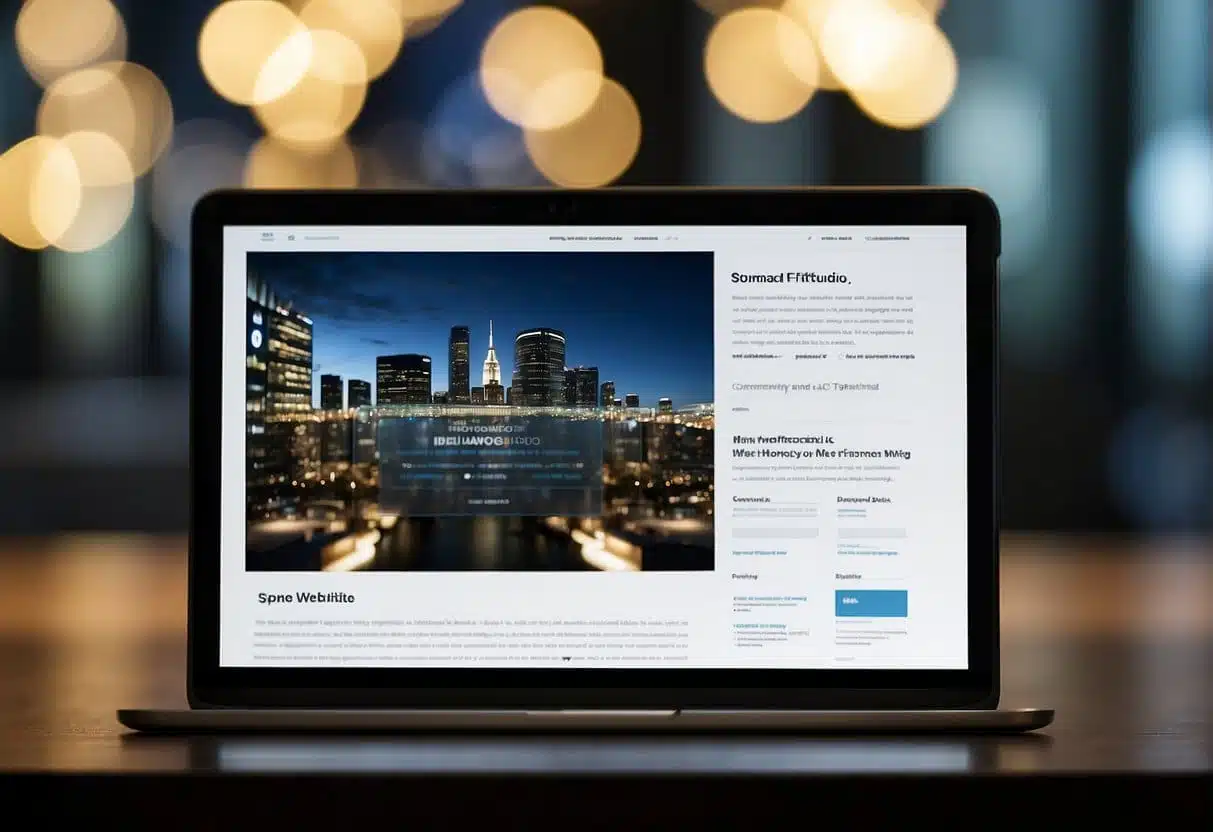 A computer screen displaying a sleek, modern website design with integrated technology features. A tablet and smartphone are shown seamlessly interacting with the website, emphasizing the importance of responsive and user-friendly design