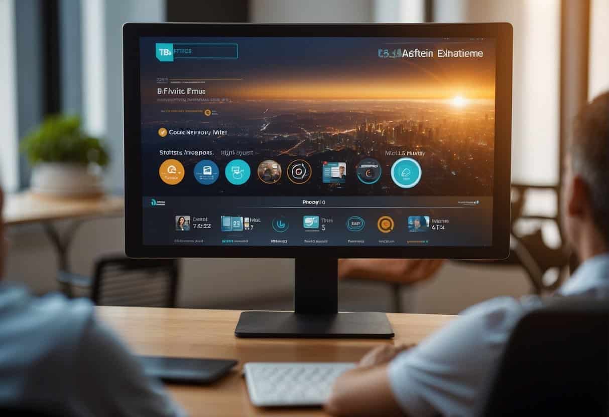 A person presenting a webinar to a diverse audience, with engaging visuals and clear goals displayed on a screen