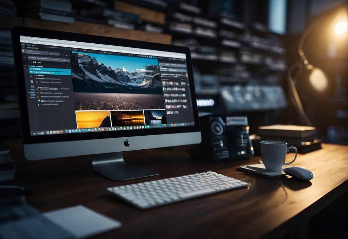 A computer screen with a web design software open, surrounded by notebooks, pens, and a mood board for inspiration
