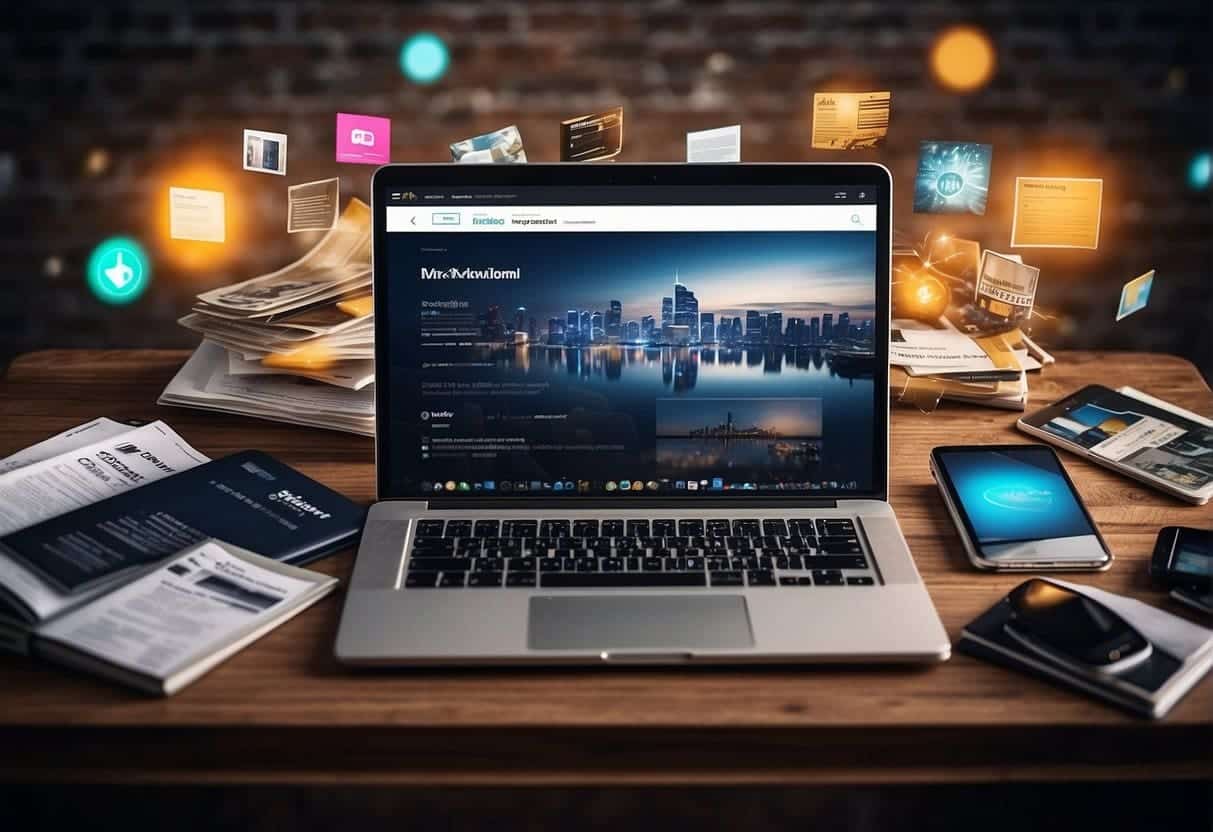 A laptop surrounded by various forms of content (articles, videos, infographics) with a clear and engaging website layout