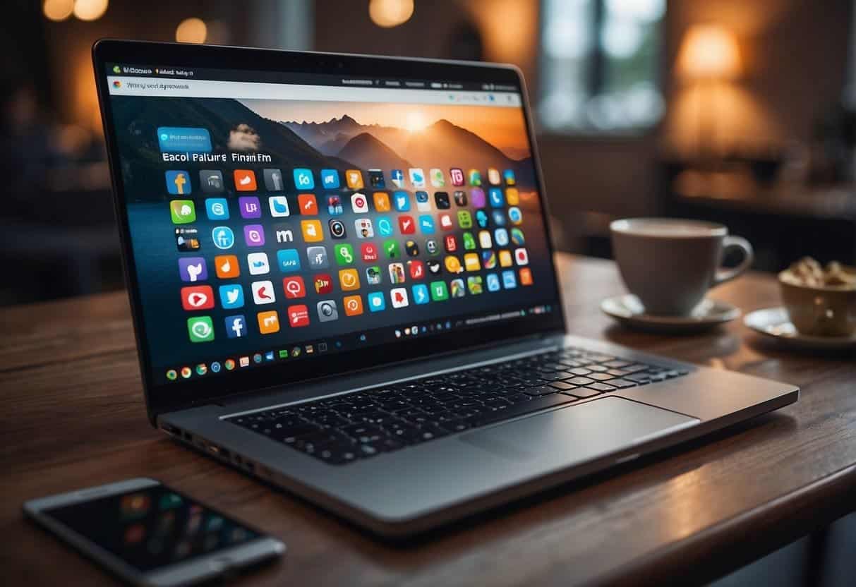 A laptop with a vibrant social media feed on the screen, surrounded by icons of external platforms. A website interface designed for user engagement