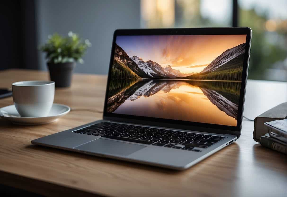 A laptop on a clean, modern desk with a minimalist website displayed, showcasing a harmonious balance of visual appeal and user-friendly functionality