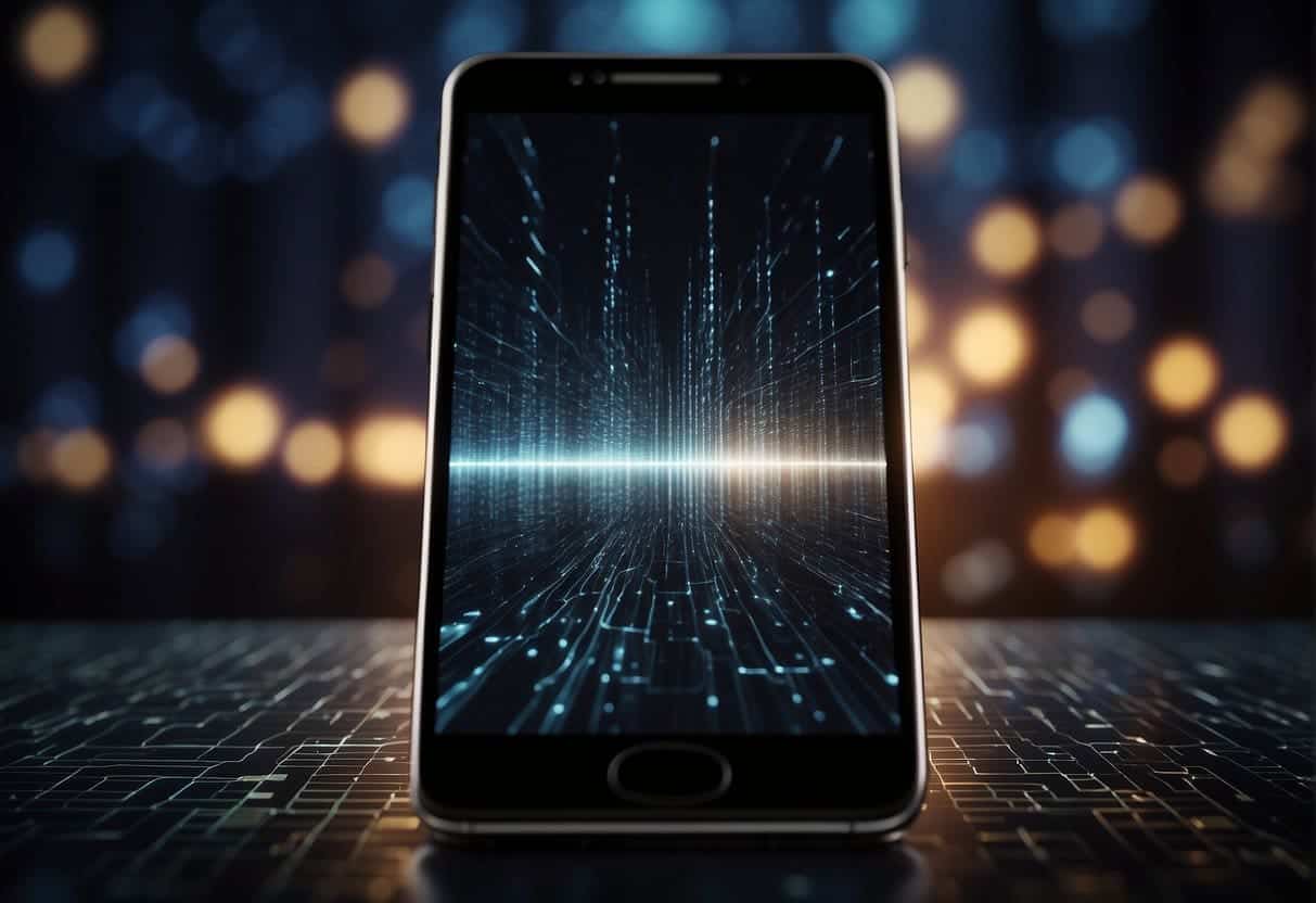 A smartphone with a glowing screen stands out against a dark background, surrounded by digital data streams and network connections