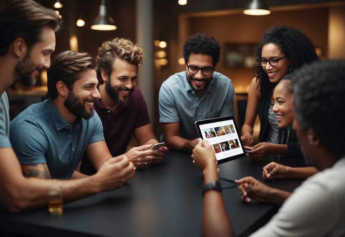A diverse group of people engages with product descriptions on various devices, showing interest and satisfaction