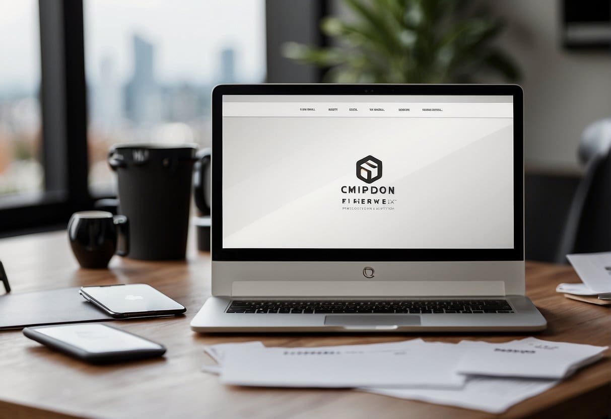 A sleek, modern logo sits atop a clean website layout, surrounded by various marketing materials like business cards and letterheads