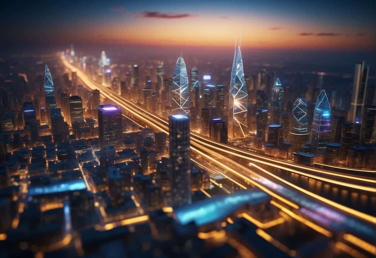 A futuristic cityscape with data streams and innovative technology integrated into the architecture. Bright, bold colors and dynamic shapes convey the importance of data-driven design