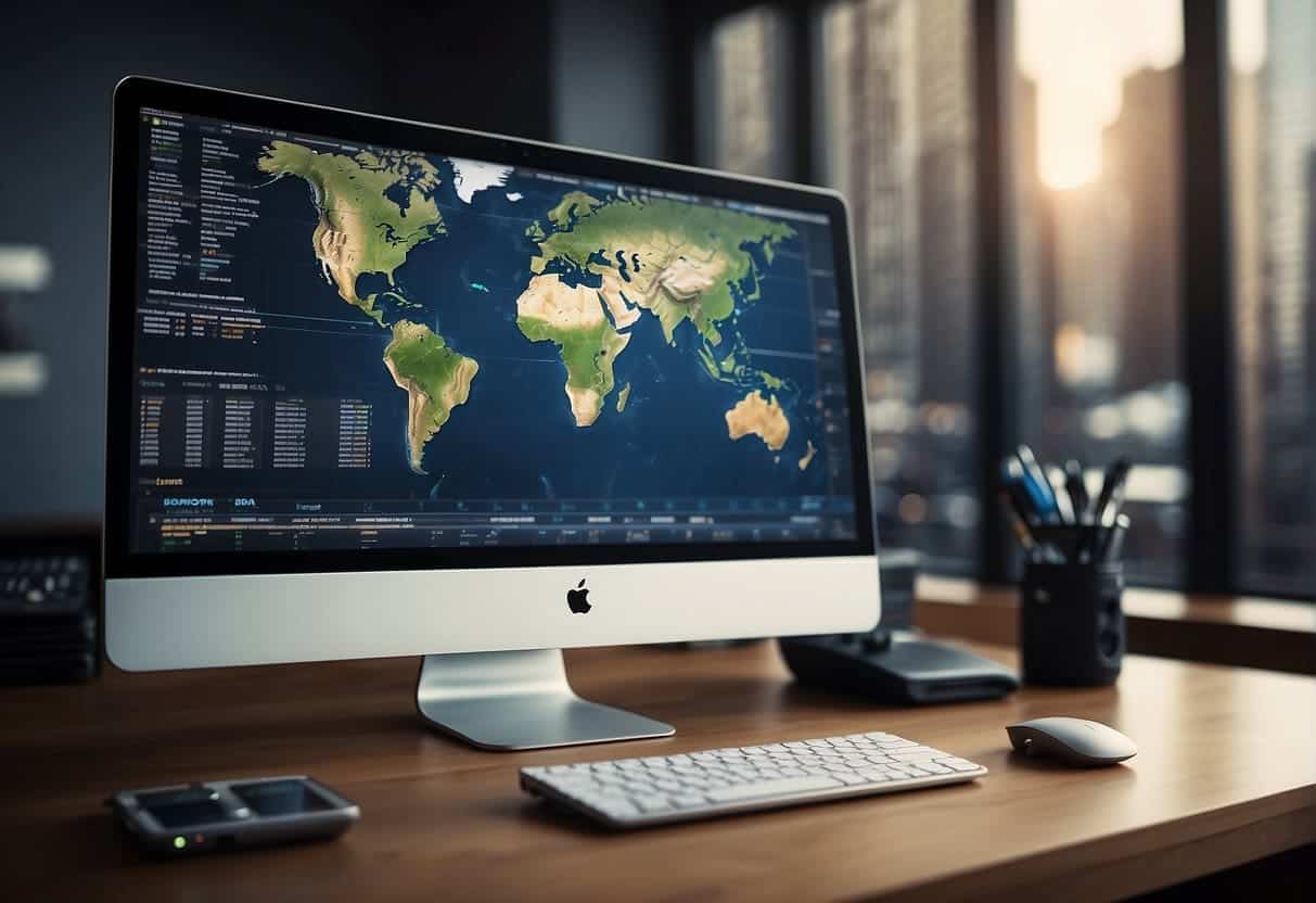 A computer screen with a website open, surrounded by SEO tools and data charts