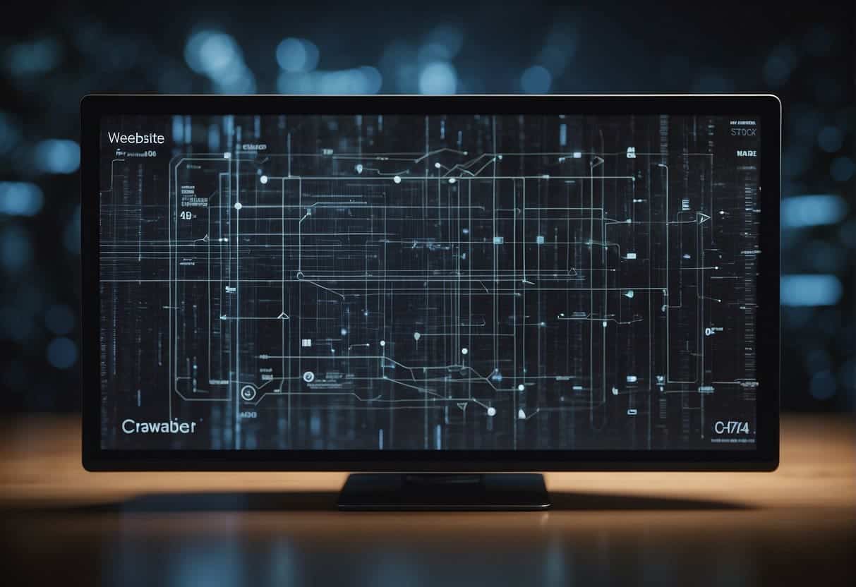 A computer screen displaying a website with clear, organized content. Arrows and lines show the path of the website's crawlability