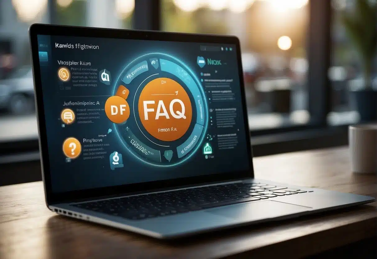 A computer screen displaying a FAQ page with engaging visuals and clear navigation. Keywords and search-friendly content are highlighted
