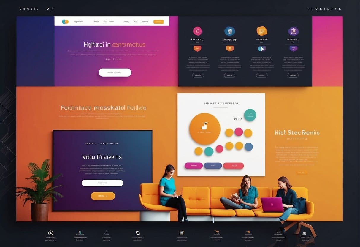 A sleek, modern website with bold typography and vibrant colors. The branding package includes logo variations and social media assets