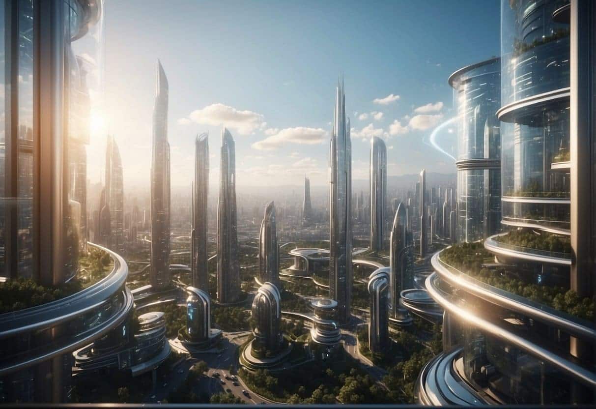 A futuristic cityscape with AI-powered buildings and transparent web design elements integrated into the architecture