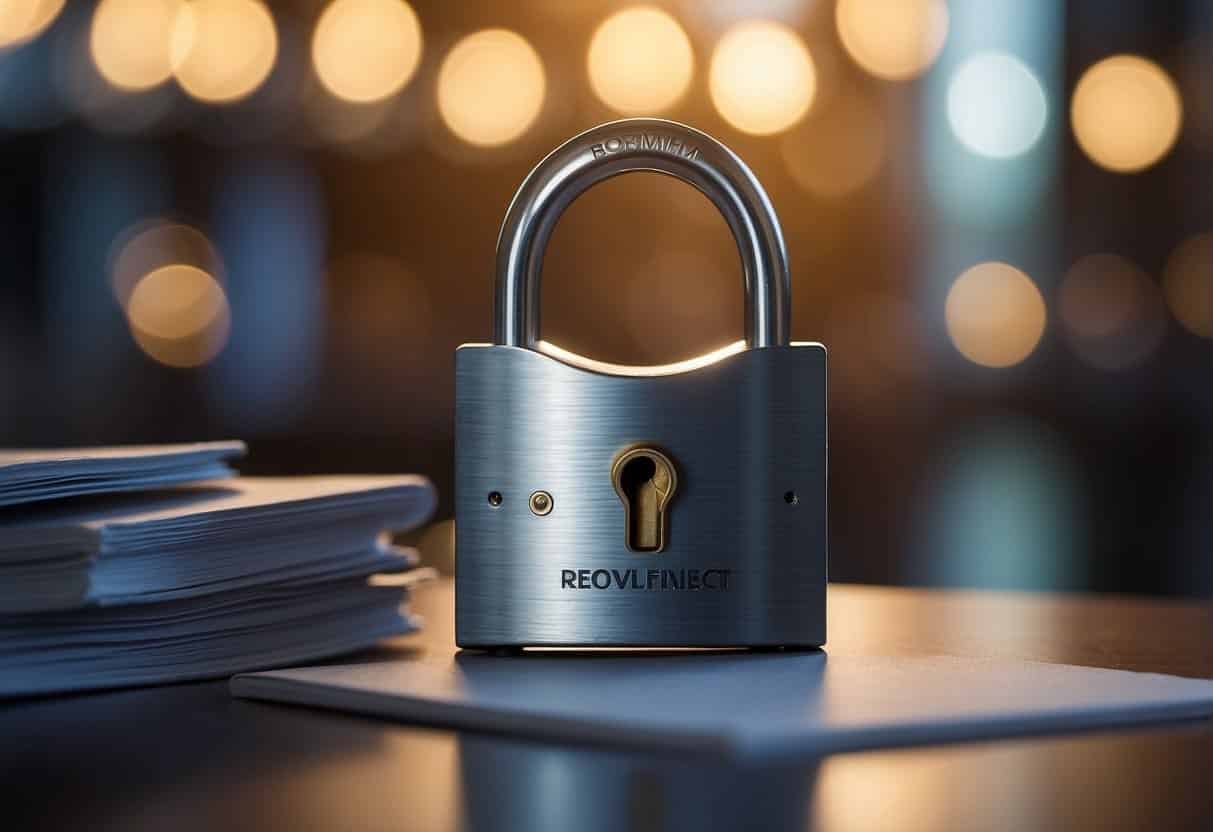 A padlock icon symbolizing website security, surrounded by legal documents and compliance guidelines
