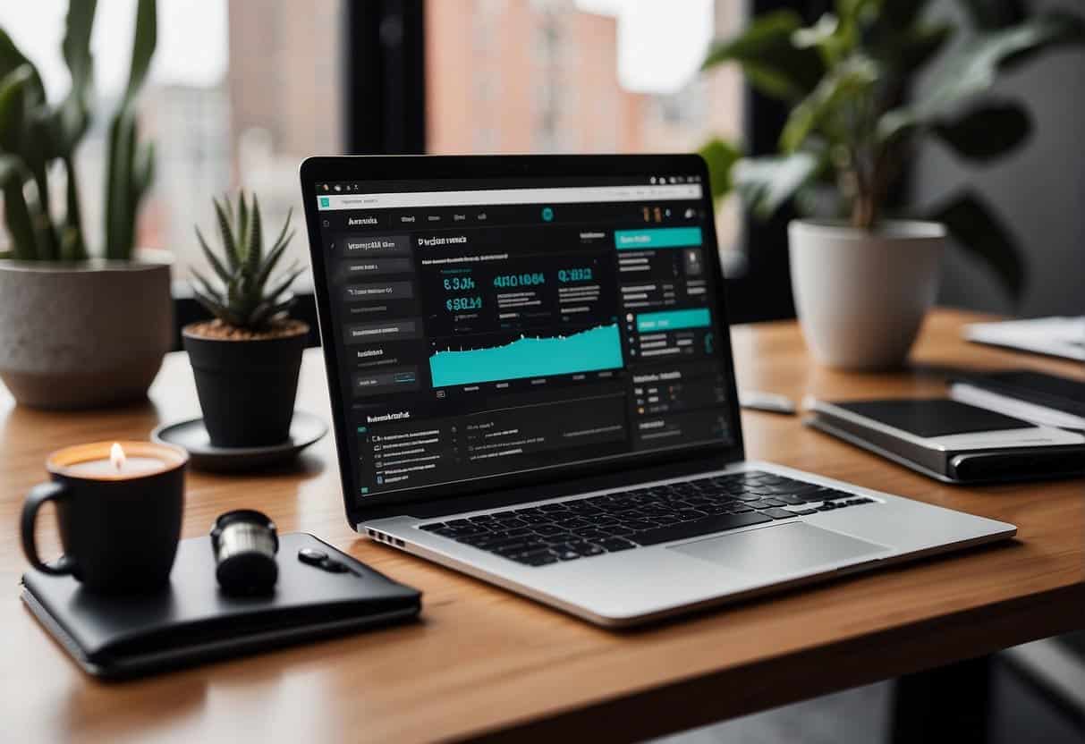 A laptop with a sleek design sits on a desk, surrounded by various digital marketing tools and elements, including SEO keywords, website wireframes, and user interface mockups