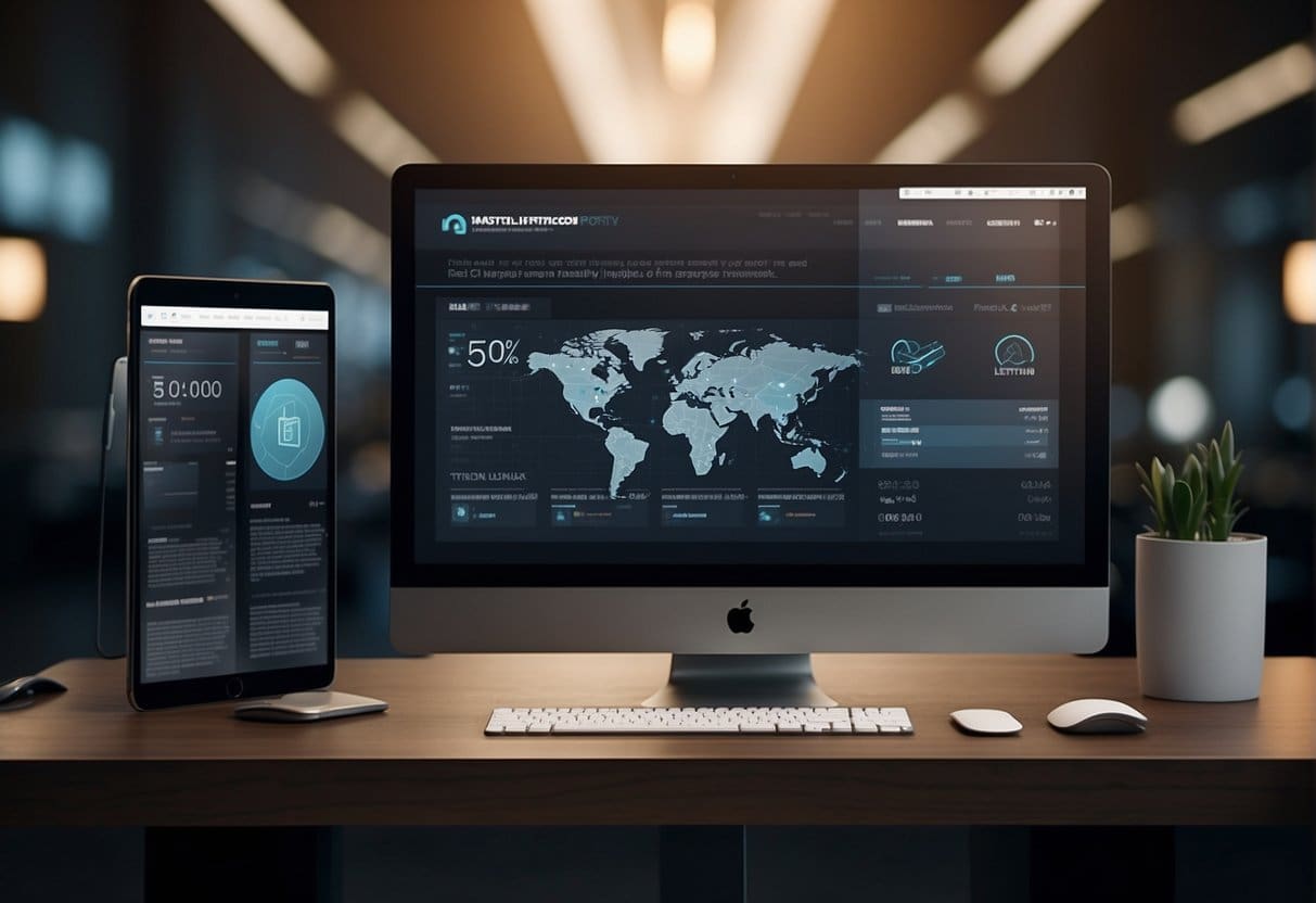 A sleek website interface merges with a search engine, symbolizing the intersection of UX/UI and SEO. The design exudes credibility and engagement