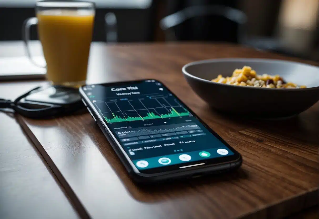 A smartphone displaying a webpage with Core Web Vitals metrics. Speed, responsiveness, and visual stability are emphasized. The device is surrounded by other digital tools like a laptop and tablet