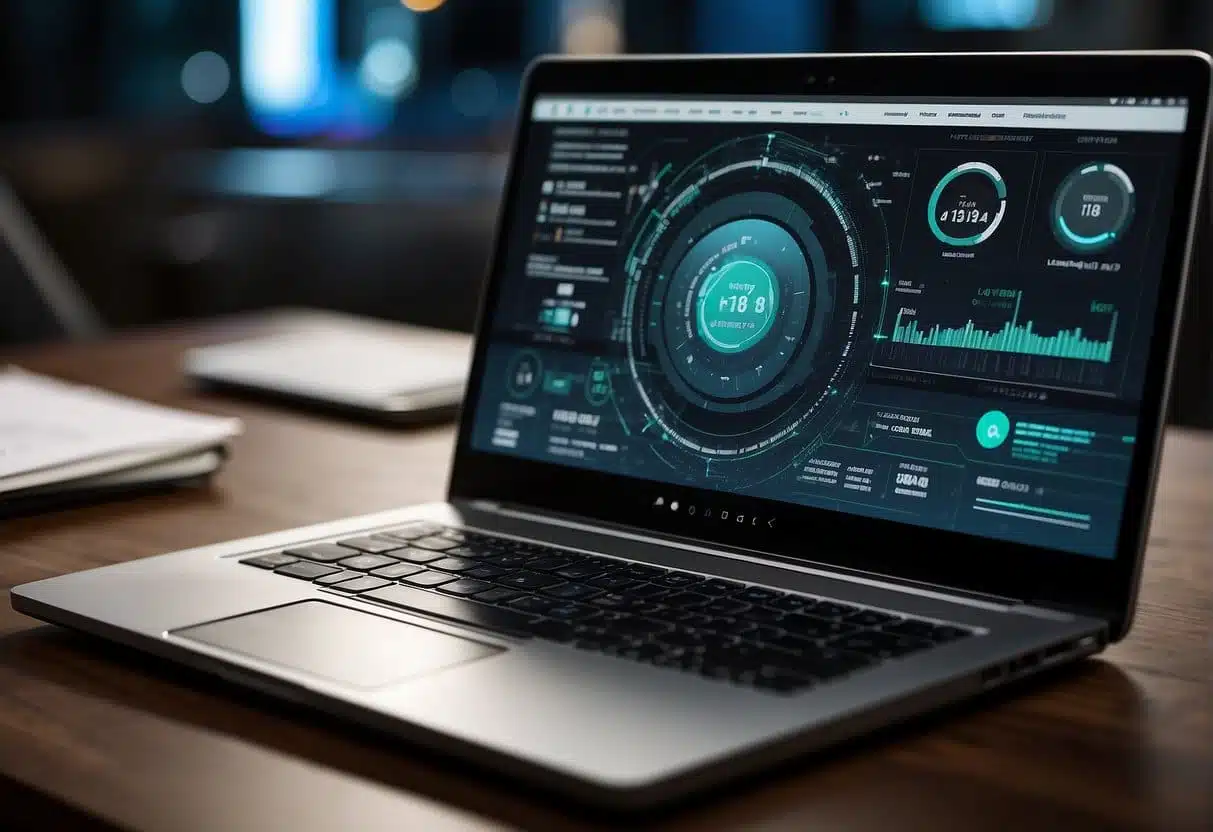 A laptop displaying Core Web Vitals metrics with a magnifying glass highlighting key data, surrounded by website elements like loading bars and page speed icons