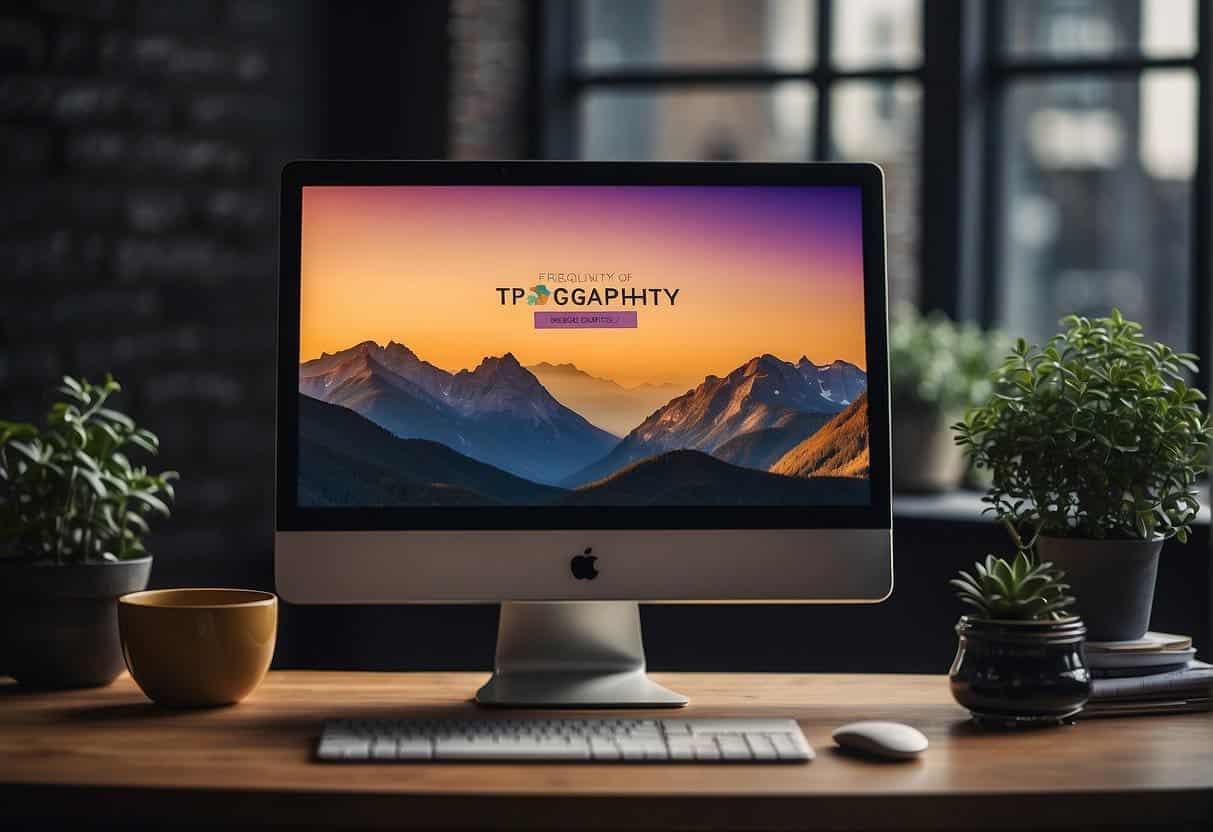A computer screen displaying "Frequently Asked Questions: The Role of Typography in SEO" with various typography examples and SEO-related imagery