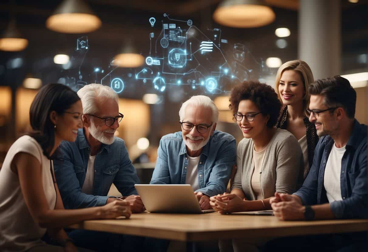A diverse group of people of different ages interacting with various forms of technology, surrounded by symbols and design elements representing different generations