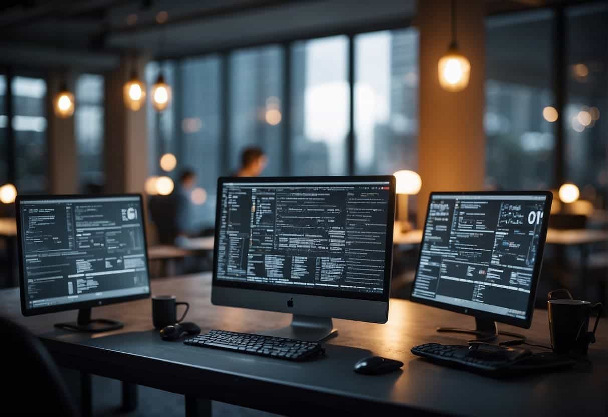 A computer screen displays complex SEO tactics with caution signs