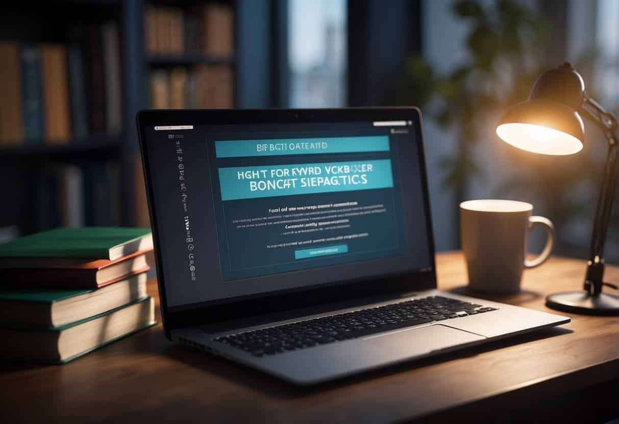 A computer screen displaying keyword usage best practices for SEO. Books and a pen on a desk. Bright light illuminating the scene