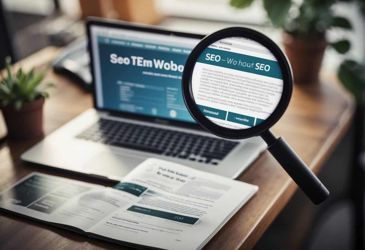A computer screen displaying a webpage with SEO tips. A magnifying glass hovers over the text, emphasizing the importance of SEO without over-optimization