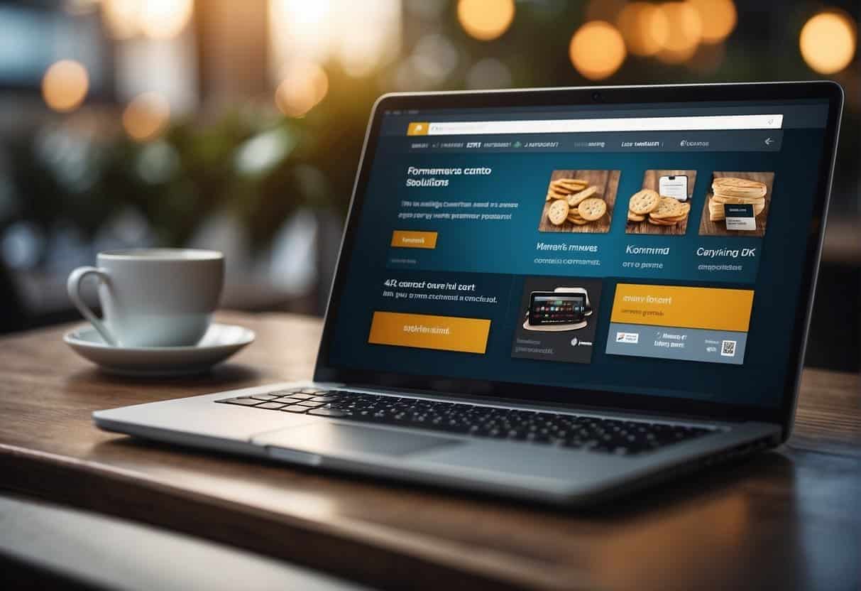 A laptop displaying an E-Commerce Solutions website, with a shopping cart icon and secure payment options, surrounded by digital marketing elements