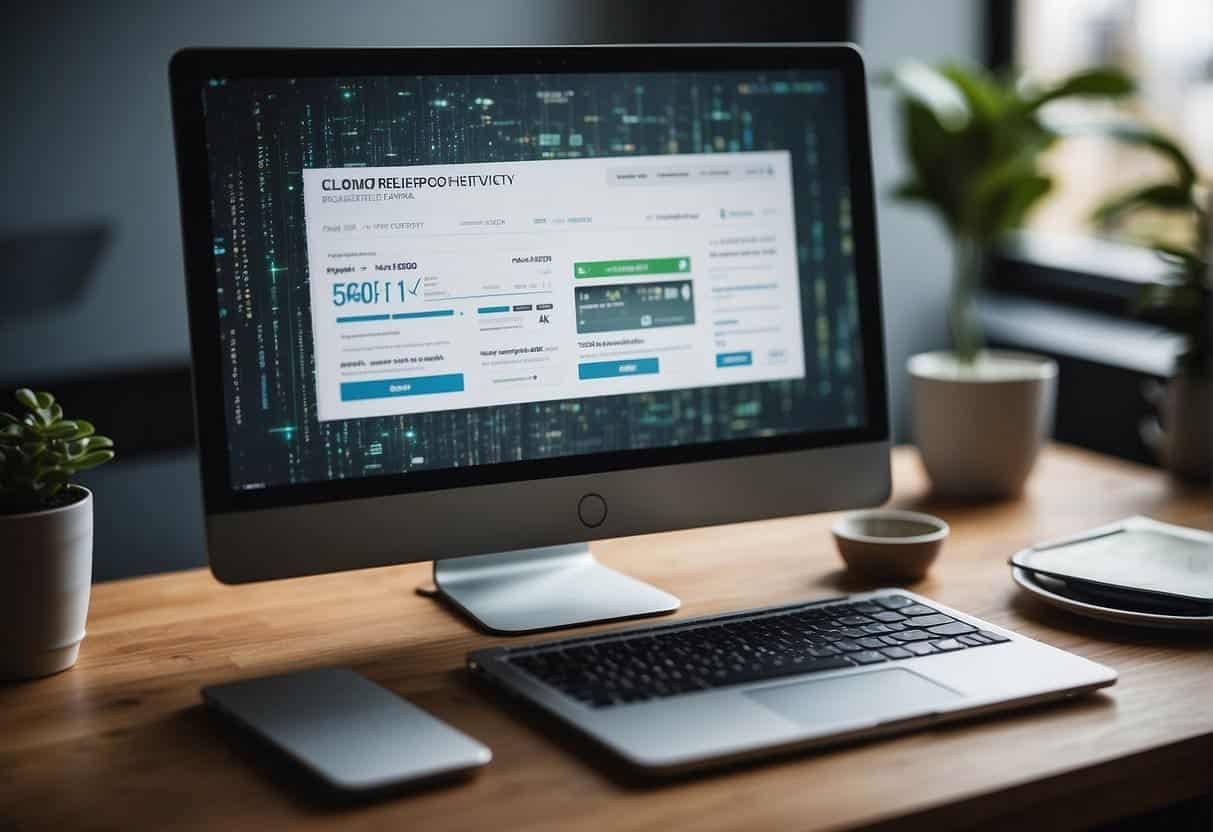 A computer screen displaying a website with a secure HTTPS connection, surrounded by SEO metrics and graphs showing increased visibility and traffic