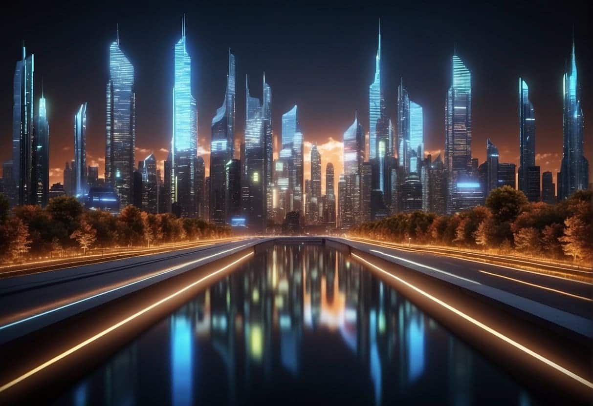 A futuristic city skyline with glowing HTTPS symbols integrated into the architecture, while search engine results pages display higher rankings for secure websites