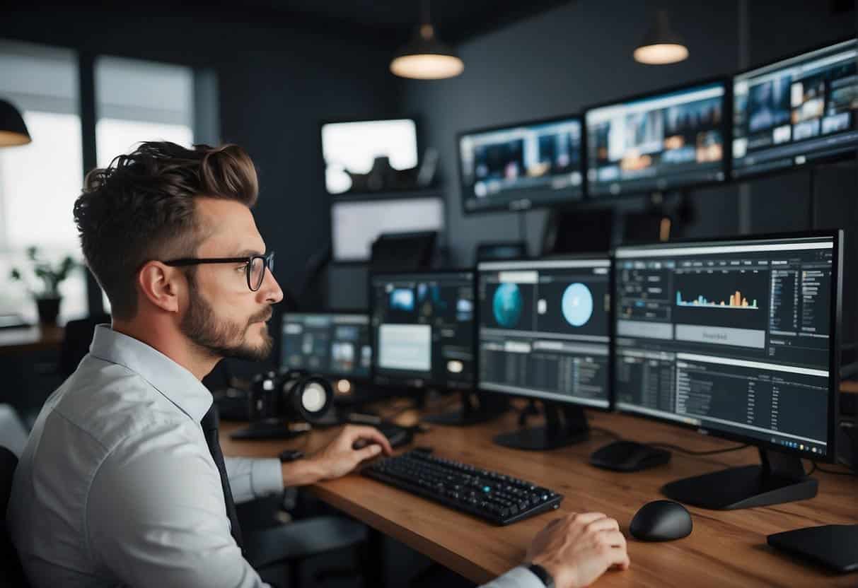 A person creating a video content strategy, surrounded by screens, cameras, and editing equipment in a modern office setting