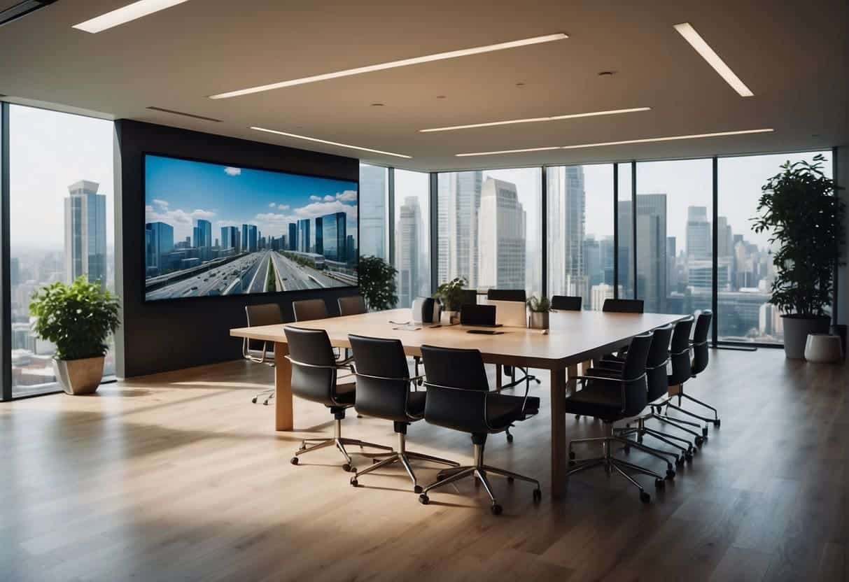 A modern office setting with a sleek, professional atmosphere. A large video screen displaying engaging content, surrounded by branding elements and testimonials