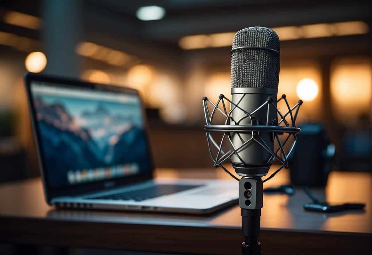 A microphone stands on a desk, surrounded by headphones and a laptop. Sound waves radiate from the microphone, symbolizing the reach of podcasts in web marketing