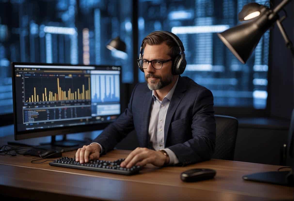 A podcast host analyzes data on a computer screen, surrounded by charts and graphs, while a microphone and headphones sit nearby
