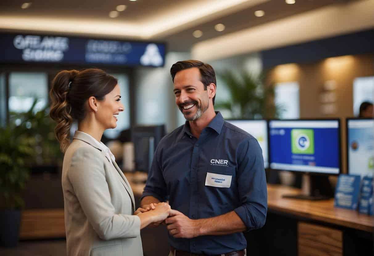 A customer service representative greets a loyal customer with a smile, while the company's logo and branding are prominently displayed in the background