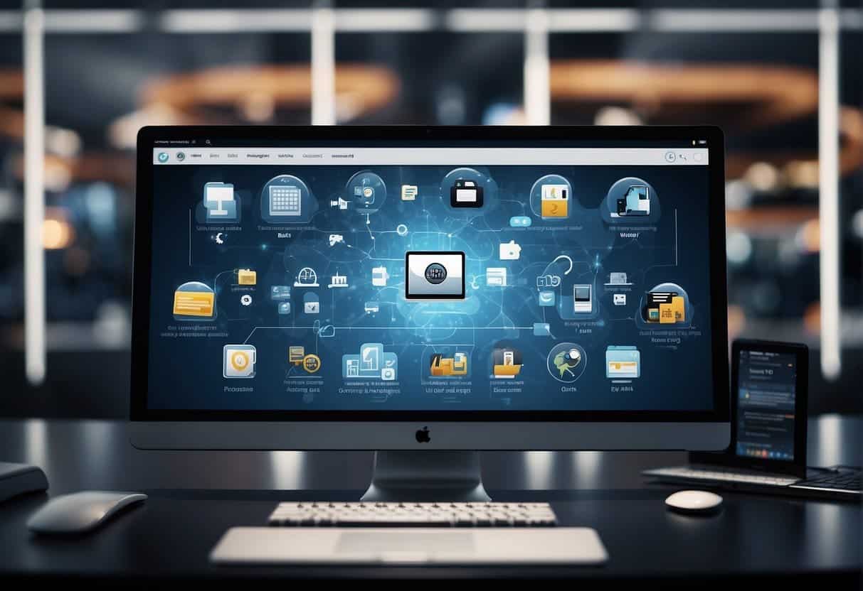 A computer screen with a website layout, surrounded by icons representing additional services and features