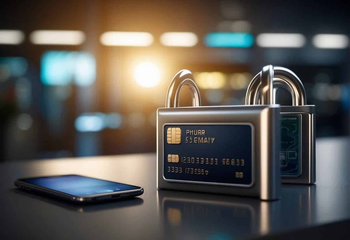 A secure checkout process with a padlock symbol, shield icon, and seamless flow of payment steps
