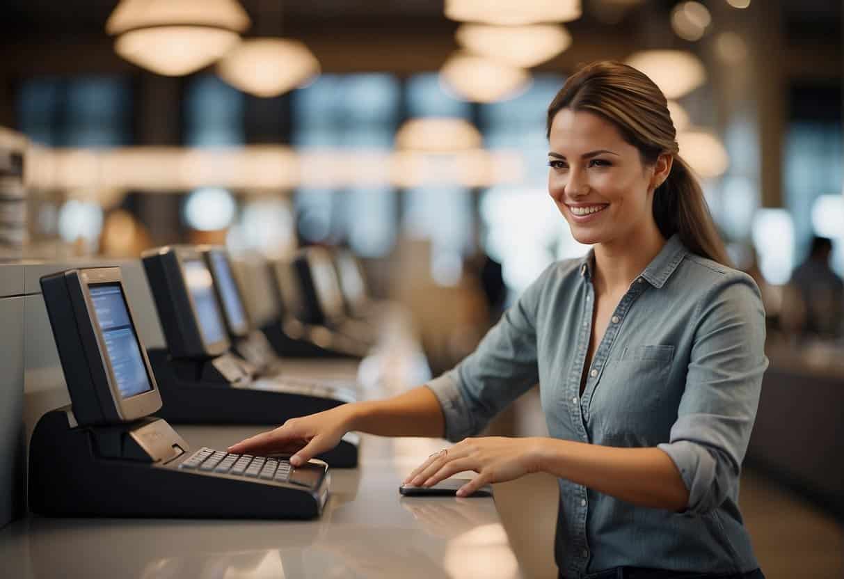 A smiling customer easily navigates a seamless checkout process, with clear and simple steps. Loyalty rewards are prominently displayed, enticing the customer to return