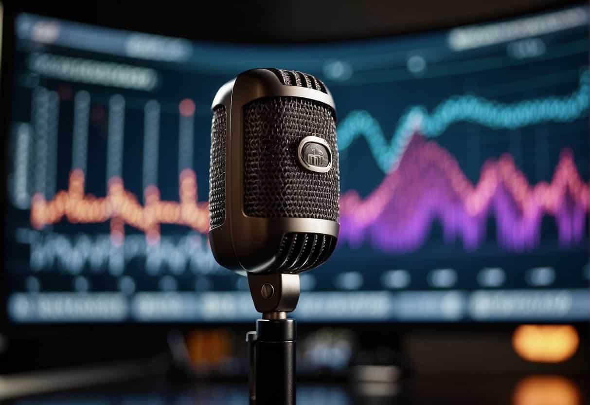 A microphone is positioned in front of a computer screen showing an animated explainer video. Sound waves are depicted emanating from the screen to illustrate the impact of audio in explainers
