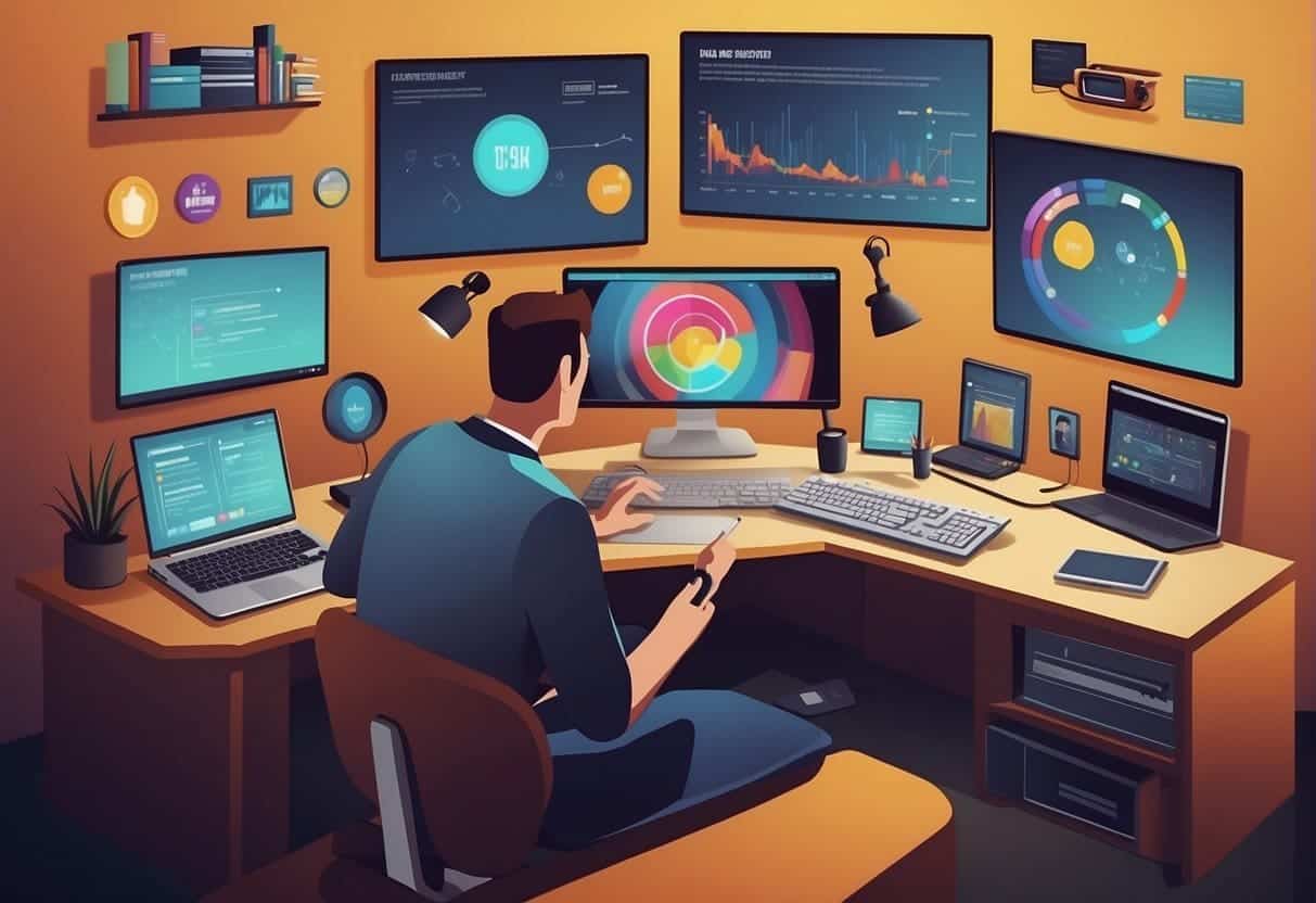 A colorful animated explainer video being created with various tools and digital devices. The message is being carefully crafted and brought to life through engaging visuals and dynamic storytelling