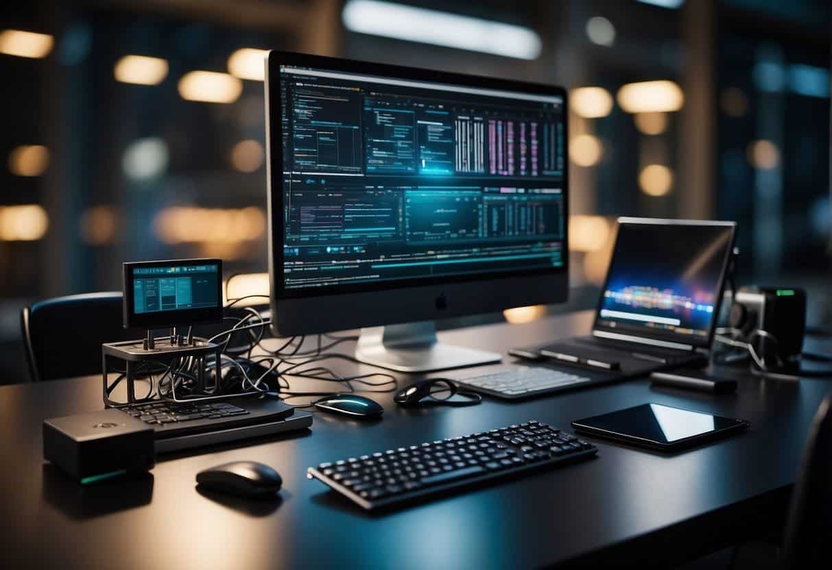 A computer with a sleek and modern design, surrounded by various technical tools and enhancements, symbolizing the improvement of domain authority through design