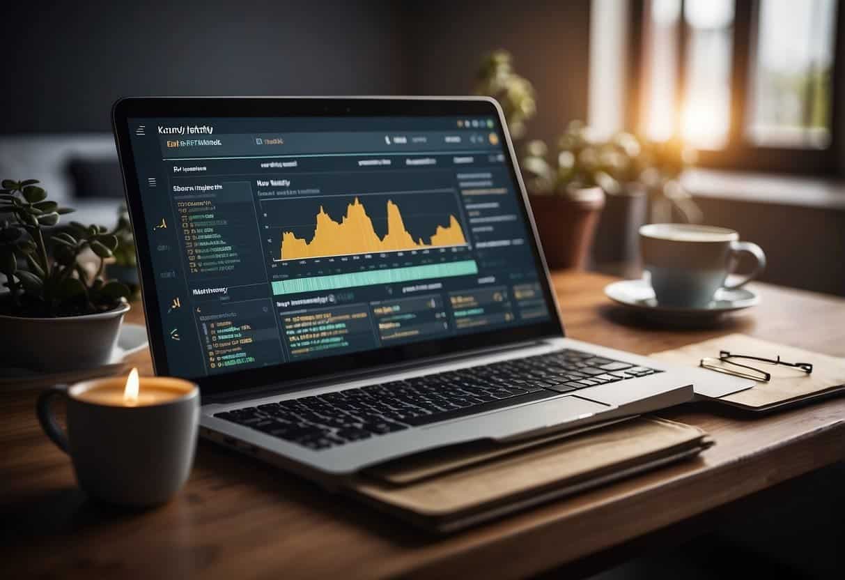 Improve SEO - A computer screen displaying website analytics data with a chart showing SEO performance, surrounded by open tabs of SEO tools and a notebook with notes on SEO strategies