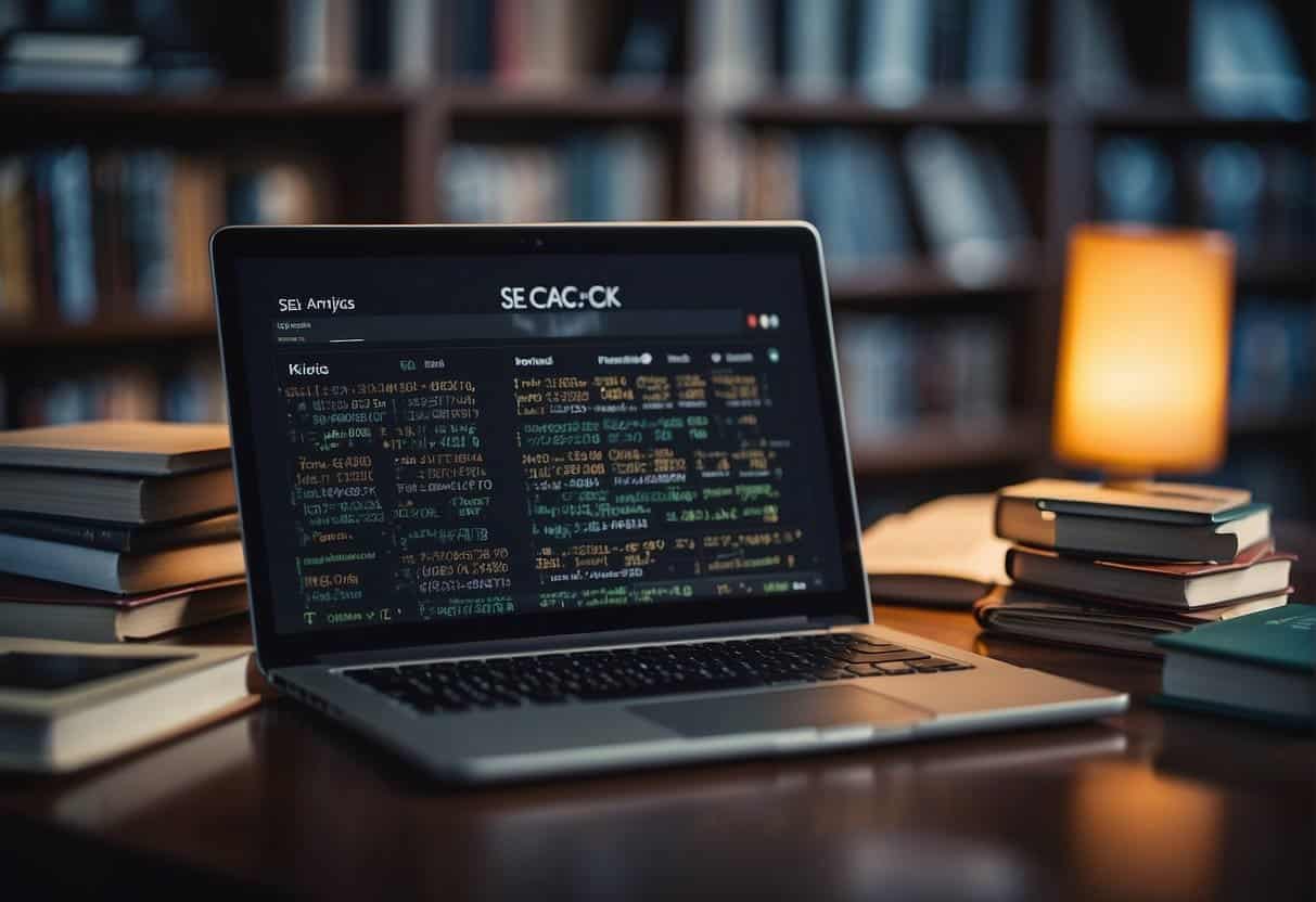 A laptop displaying SEO analytics, surrounded by books on content optimization strategies