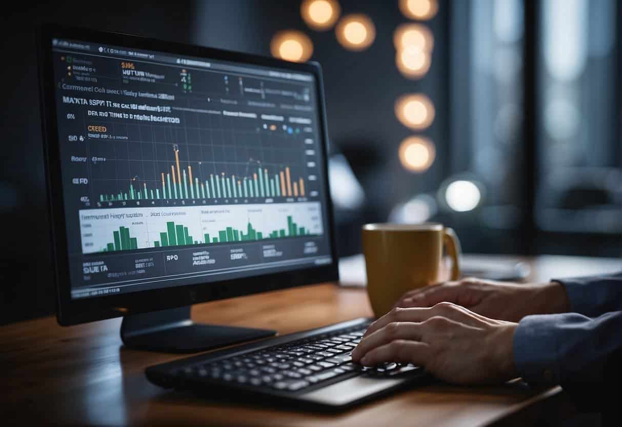 A computer screen displays SEO analytics data with charts and graphs, while a hand hovers over a keyboard, making adjustments to on-page SEO elements