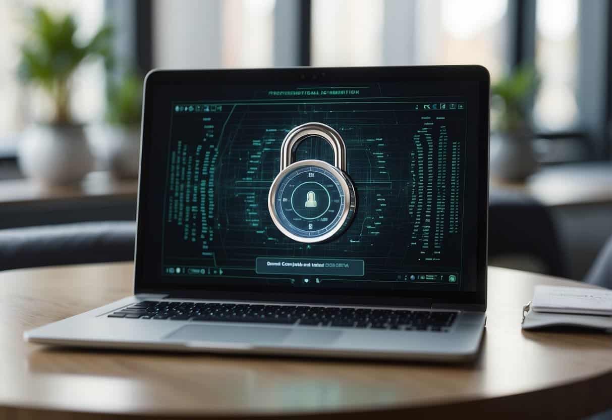 A computer screen displaying a web design interface with a lock icon symbolizing privacy. AI algorithms are shown in the background, with a focus on ethical considerations