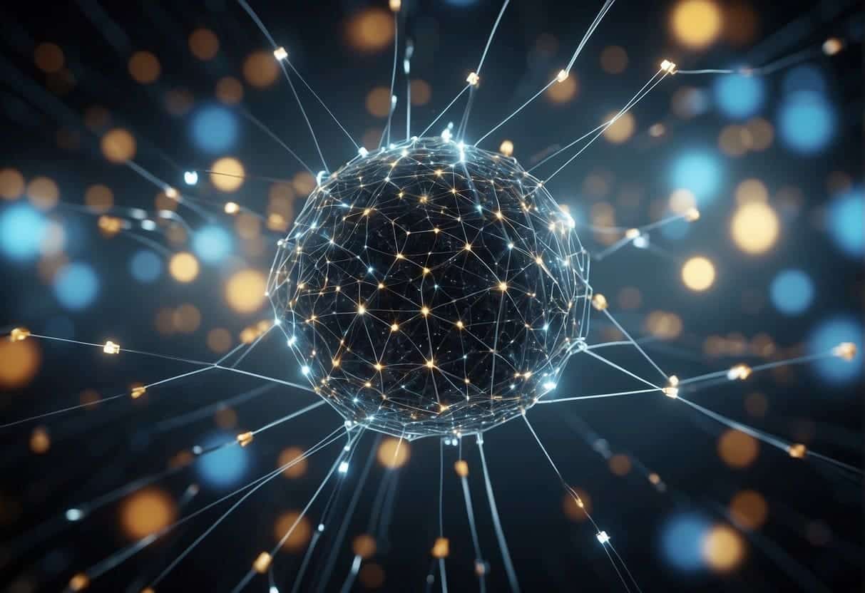 A web of interconnected data nodes with a central AI core, surrounded by a network of privacy concerns