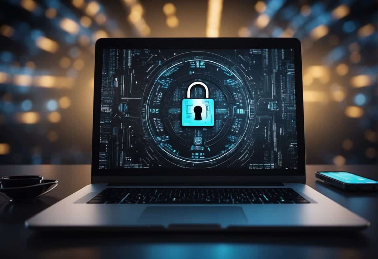 A computer screen with a lock symbol surrounded by data and AI elements, representing the need for privacy in AI-powered web design