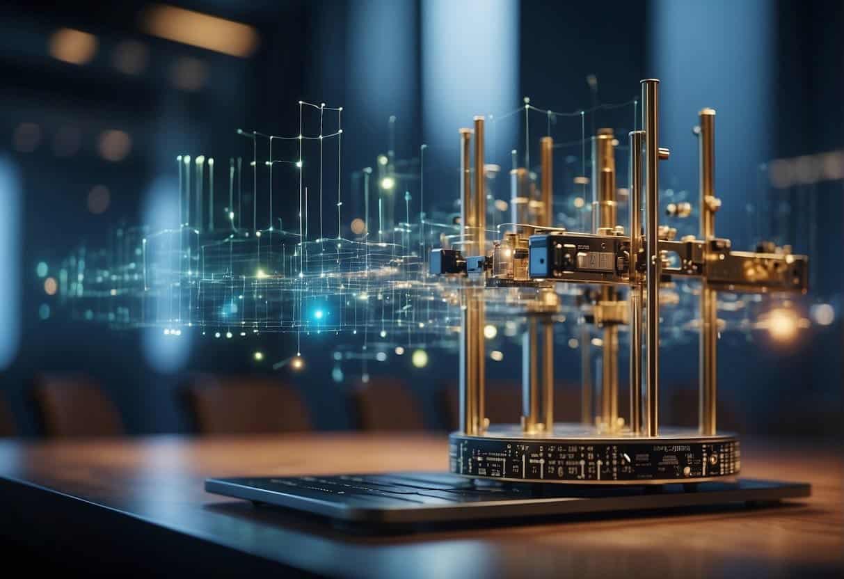 A diverse group of AI algorithms are carefully balanced on a scale, with a clear and transparent web design in the background