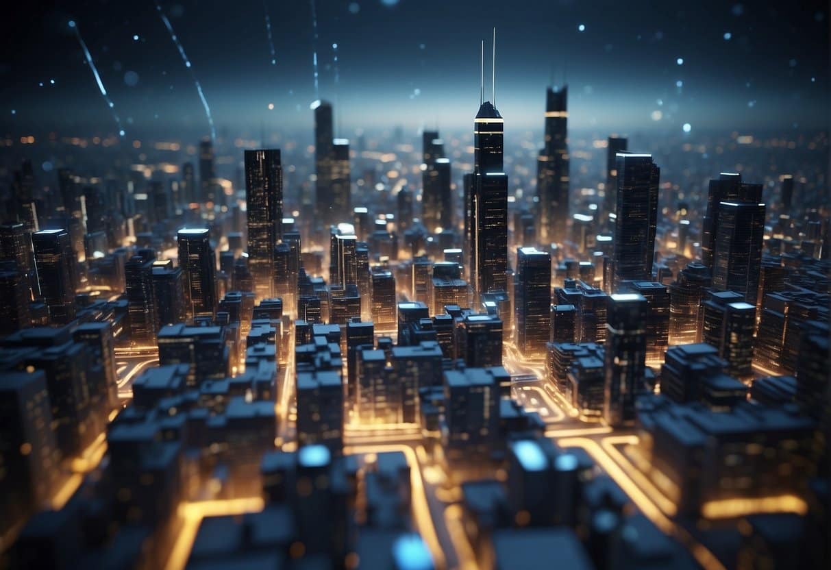 A futuristic cityscape with interconnected digital networks and AI algorithms, symbolizing the ethical and unbiased future of AI technology