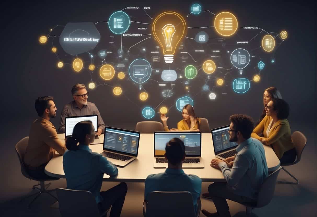 A diverse group of people discuss and brainstorm strategies for ethical web design, focusing on mitigating bias in AI algorithms