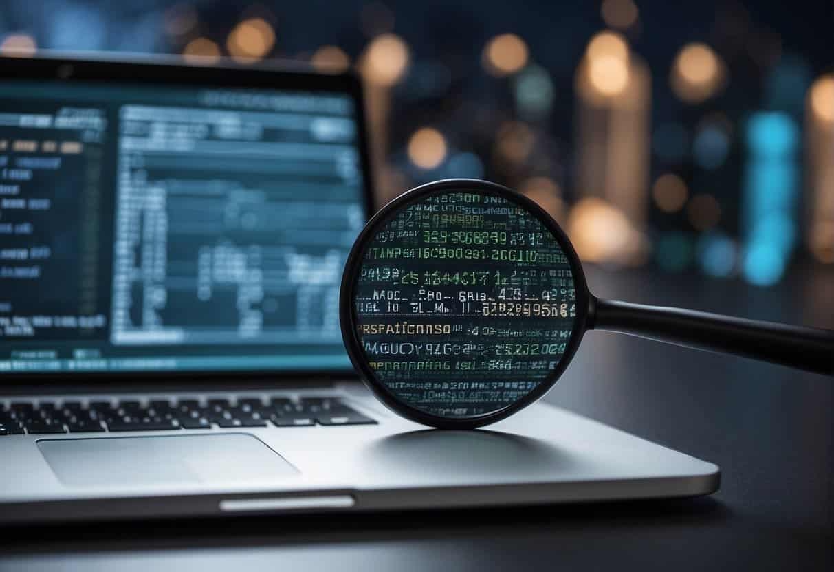A computer screen displaying SEO metrics with web development code in the background. A magnifying glass symbolizes monitoring and maintaining SEO performance