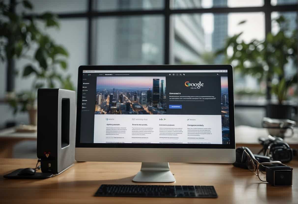 A computer screen displays Google Search Console with web design improvements. Security maintenance tools are visible in the background